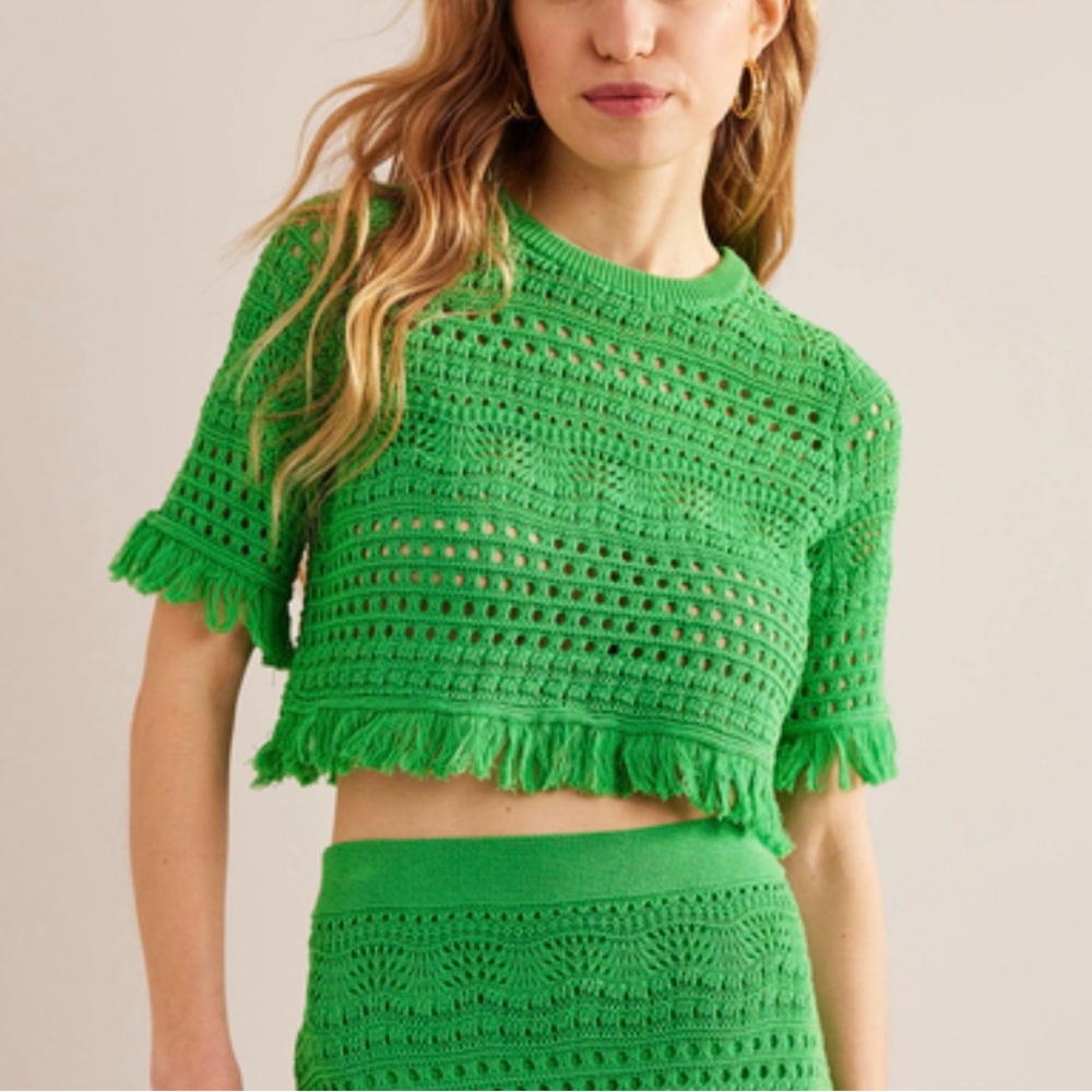 Boden Green Ruffled Cropped Blouse Short Sleeve